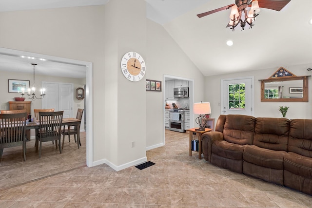37 Forest St, Londonderry, NH 03053 - living room with a ceiling fan, high vaulted ceiling, a chandelier, light tile patterned floors, and baseboards