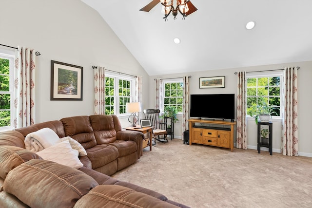 37 Forest St, Londonderry, NH 03053 - living area featuring a ceiling fan, high vaulted ceiling, baseboards, and recessed lighting