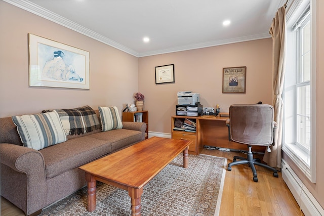 15 Fox Meadow Ln, Merrimack, NH 03054 - office area featuring a baseboard radiator, light wood-style flooring, ornamental molding, recessed lighting, and baseboards
