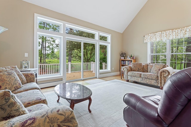 15 Fox Meadow Ln, Merrimack, NH 03054 - living area featuring high vaulted ceiling, plenty of natural light, a baseboard heating unit, and wood finished floors