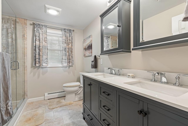 15 Fox Meadow Ln, Merrimack, NH 03054 - full bath featuring a baseboard heating unit, double vanity, a stall shower, baseboards, and toilet