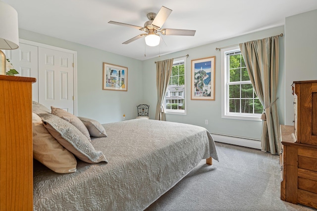 15 Fox Meadow Ln, Merrimack, NH 03054 - bedroom featuring baseboard heating, carpet floors, a ceiling fan, and a closet