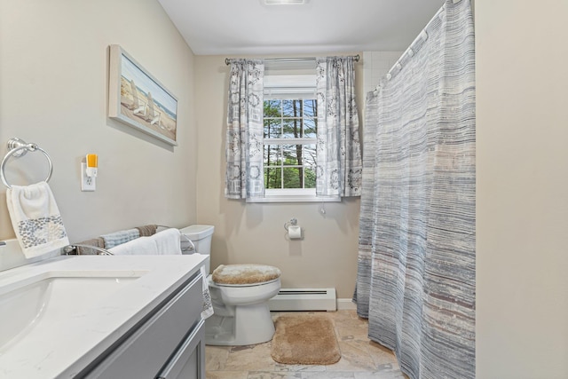 15 Fox Meadow Ln, Merrimack, NH 03054 - bathroom featuring baseboard heating, vanity, toilet, stone finish flooring, and a shower with shower curtain