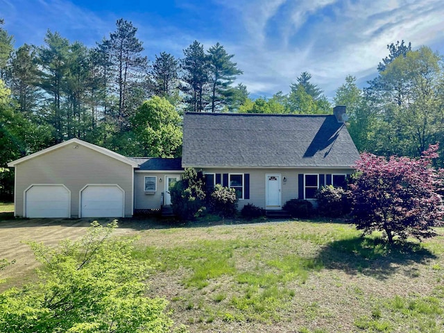 20 Beaver Dam Dr, Webster, NH 03303 - cape cod house featuring a chimney, an attached garage, entry steps, a front lawn, and driveway