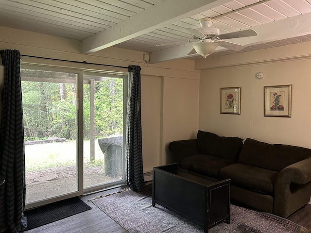 19 Alpendorf Loop, Bartlett, NH 03812 - living area with wood finished floors, wood ceiling with exposed beams, and ceiling fan