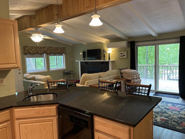19 Alpendorf Loop, Bartlett, NH 03812 - kitchen with black dishwasher, a sink, a fireplace, and open floor plan