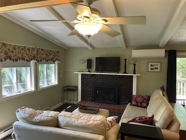 19 Alpendorf Loop, Bartlett, NH 03812 - living area with a wall mounted AC, baseboard heating, ceiling fan, a brick fireplace, and wood finished floors