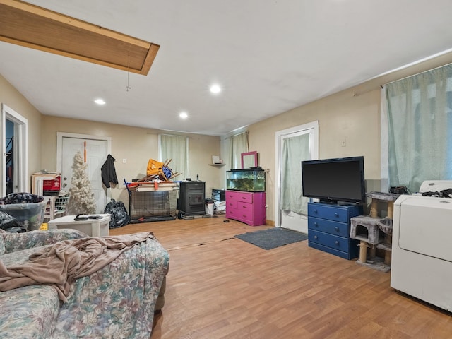 450 Leighton Corner Rd, Wakefield, NH 03872 - living area featuring attic access, recessed lighting, wood finished floors, and washer / clothes dryer