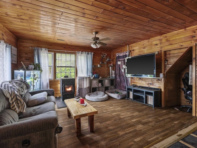 450 Leighton Corner Rd, Wakefield, NH 03872 - living room with wood walls, wood finished floors, ceiling fan, and wooden ceiling