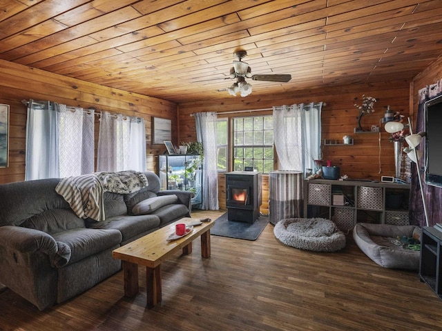 450 Leighton Corner Rd, Wakefield, NH 03872 - living area featuring wood walls, wood finished floors, a wood stove, a ceiling fan, and wooden ceiling