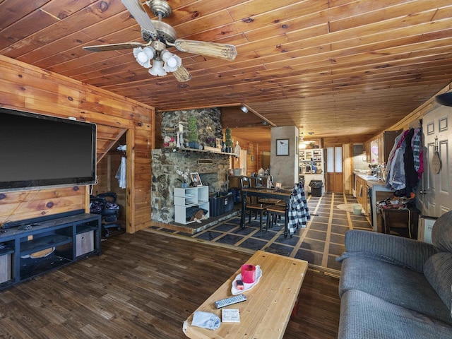 450 Leighton Corner Rd, Wakefield, NH 03872 - living area with wooden ceiling, wood finished floors, ceiling fan, and wood walls