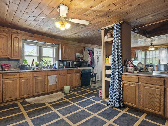 450 Leighton Corner Rd, Wakefield, NH 03872 - kitchen with a ceiling fan, wood ceiling, and brown cabinets
