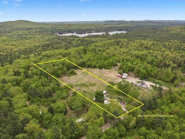 450 Leighton Corner Rd, Wakefield, NH 03872 - aerial view of property and surrounding area featuring a heavily wooded area, property parcel outlined, and a nearby body of water