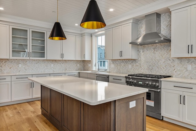 22 Little Bay Dr, Dover, NH 03820 - kitchen with wall chimney range hood, appliances with stainless steel finishes, a sink, light wood-style flooring, and light countertops