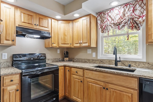11 Woodhenge Cir, Londonderry, NH 03053 - kitchen featuring black appliances, under cabinet range hood, a sink, light stone counters, and recessed lighting