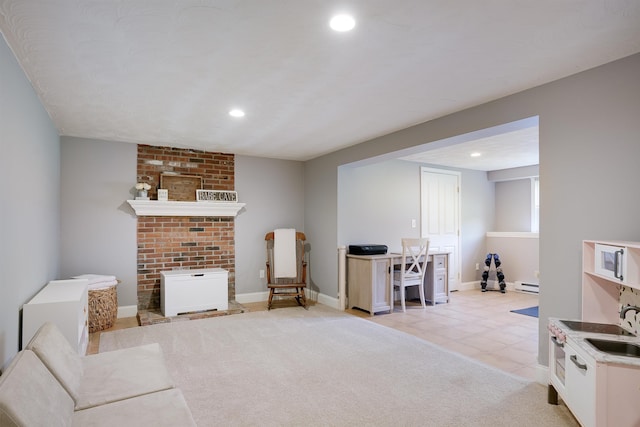 86 Pelham Rd, Salem, NH 03079 - living room featuring baseboard heating, recessed lighting, baseboards, light carpet, and light tile patterned floors