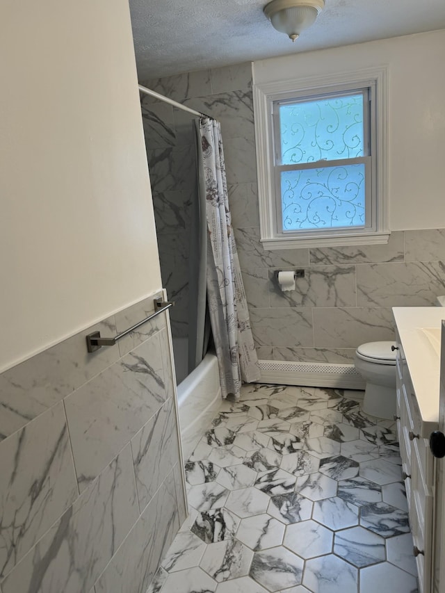 9 Quarry Rd, Hampstead, NH 03841 - bathroom featuring vanity, tile walls, marble look tile flooring, a textured ceiling, and toilet