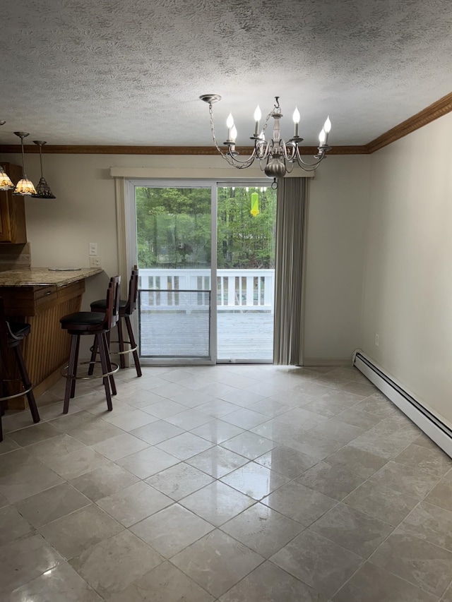 9 Quarry Rd, Hampstead, NH 03841 - tiled dining area with a chandelier, crown molding, a textured ceiling, a baseboard heating unit, and a dry bar