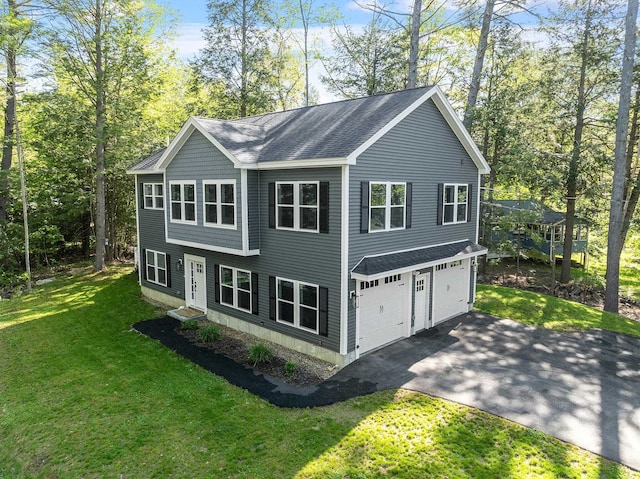 28 Colony Dr, Barnstead, NH 03225 - view of side of home with asphalt driveway, a shingled roof, a garage, and a lawn