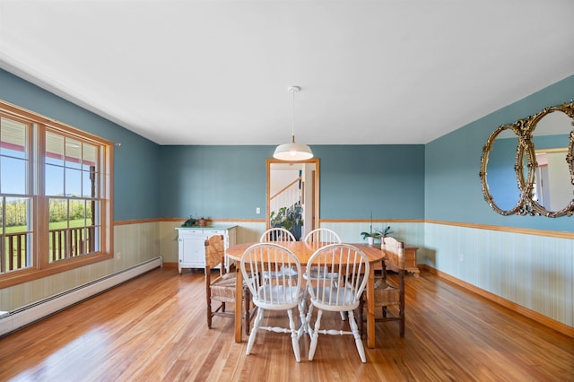 338 Johnson Rd, Marshfield, VT 05658 - dining space with a baseboard radiator, a wainscoted wall, and wood finished floors
