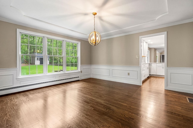 47 Blossom Rd, Windham, NH 03087 - empty room with a chandelier, wainscoting, crown molding, a baseboard heating unit, and dark wood-style flooring