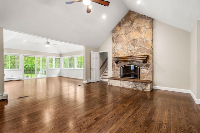 47 Blossom Rd, Windham, NH 03087 - unfurnished living room with a ceiling fan, baseboard heating, baseboards, stairs, and high vaulted ceiling