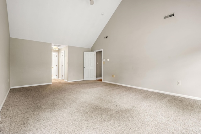 47 Blossom Rd, Windham, NH 03087 - spare room featuring high vaulted ceiling, carpet, baseboards, and ceiling fan
