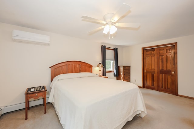 144 Whitten Rd, Milford, NH 03055 - bedroom featuring a wall mounted AC, light carpet, a baseboard heating unit, a ceiling fan, and a closet