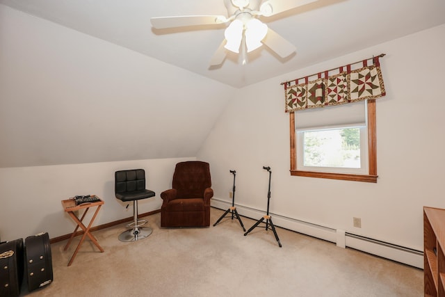144 Whitten Rd, Milford, NH 03055 - living area featuring a baseboard radiator, carpet floors, vaulted ceiling, and ceiling fan