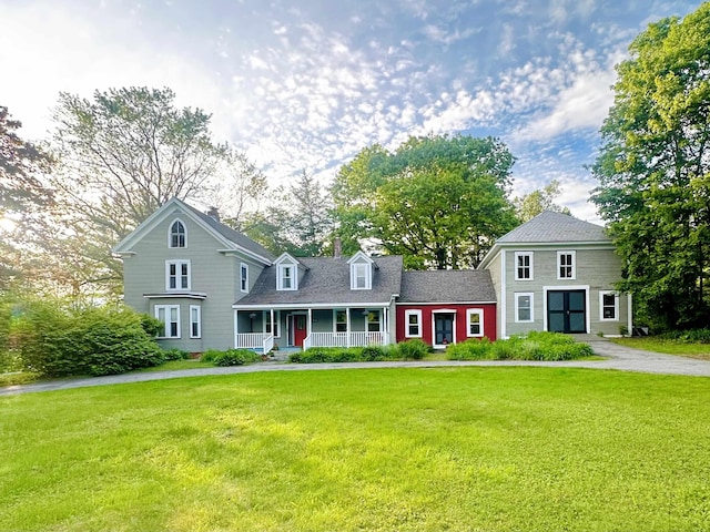2 Streeter Hill Rd, Chesterfield, NH 03466 - view of front of property featuring covered porch, a front lawn, and a chimney