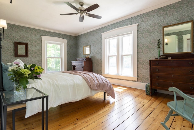2 Streeter Hill Rd, Chesterfield, NH 03466 - bedroom with hardwood / wood-style flooring, ornamental molding, wallpapered walls, and a ceiling fan