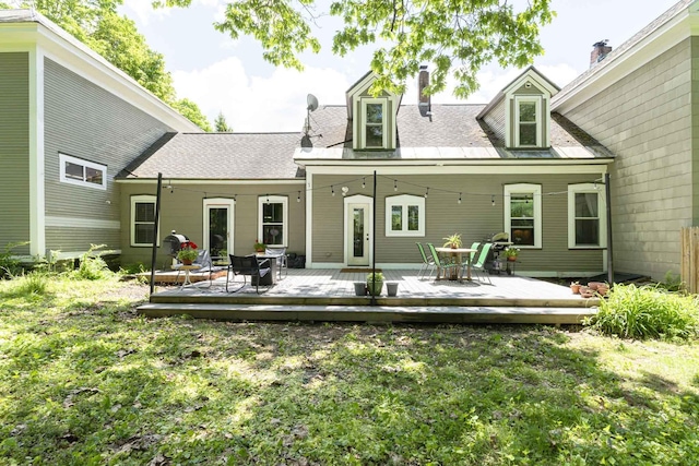 2 Streeter Hill Rd, Chesterfield, NH 03466 - rear view of property with a chimney, a deck, outdoor dining space, a yard, and a shingled roof