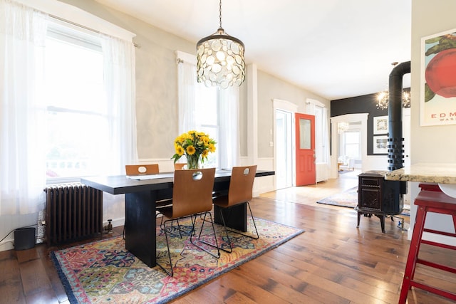 2 Streeter Hill Rd, Chesterfield, NH 03466 - dining room with radiator heating unit, hardwood / wood-style floors, and a chandelier