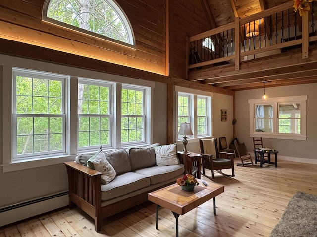 689 Hard Scrabble Rd, Sweden, ME 04008 - living area with a baseboard heating unit, light wood-style floors, high vaulted ceiling, and baseboards