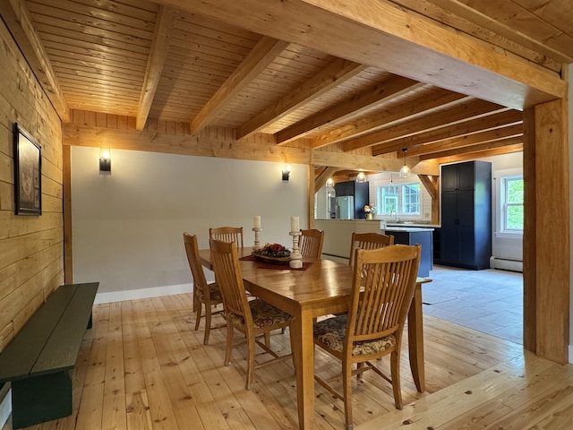 689 Hard Scrabble Rd, Sweden, ME 04008 - dining space featuring a baseboard radiator, light wood finished floors, and wood ceiling with exposed beams