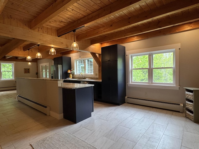 689 Hard Scrabble Rd, Sweden, ME 04008 - kitchen featuring a baseboard heating unit, stainless steel fridge with ice dispenser, wooden ceiling with exposed beams, a sink, and healthy amount of natural light