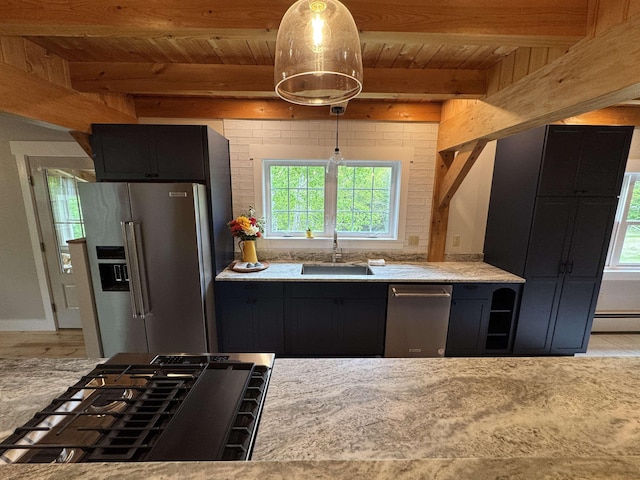 689 Hard Scrabble Rd, Sweden, ME 04008 - kitchen with appliances with stainless steel finishes, wood ceiling with exposed beams, healthy amount of natural light, dark cabinetry, and a sink