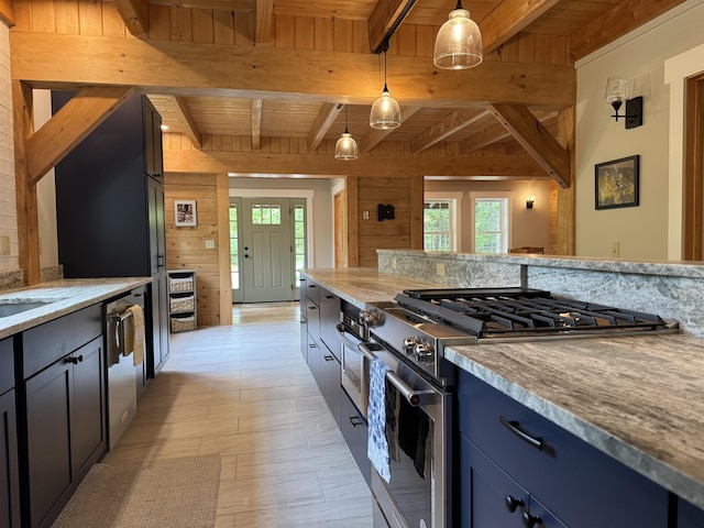 689 Hard Scrabble Rd, Sweden, ME 04008 - kitchen with stainless steel appliances, wooden ceiling with exposed beams, healthy amount of natural light, wooden walls, and hanging light fixtures