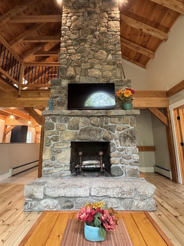 689 Hard Scrabble Rd, Sweden, ME 04008 - detailed view of wooden ceiling with exposed beams, a baseboard heating unit, wood finished floors, and a stone fireplace