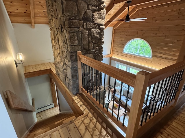 689 Hard Scrabble Rd, Sweden, ME 04008 - stairs featuring a baseboard radiator, wooden ceiling, hardwood / wood-style floors, ceiling fan, and wood walls