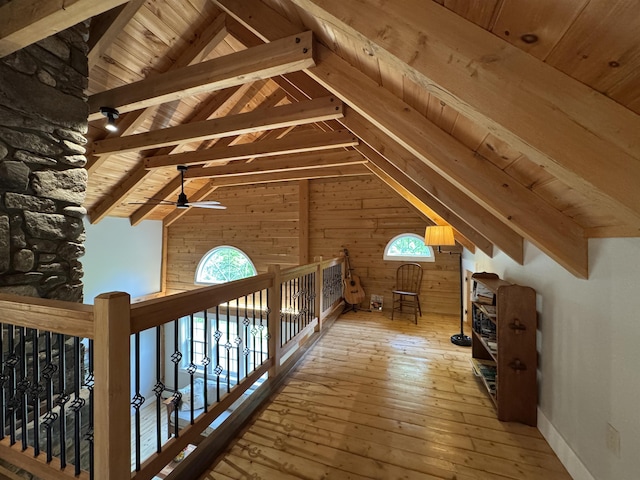 689 Hard Scrabble Rd, Sweden, ME 04008 - corridor featuring wood walls, hardwood / wood-style floors, and wood ceiling