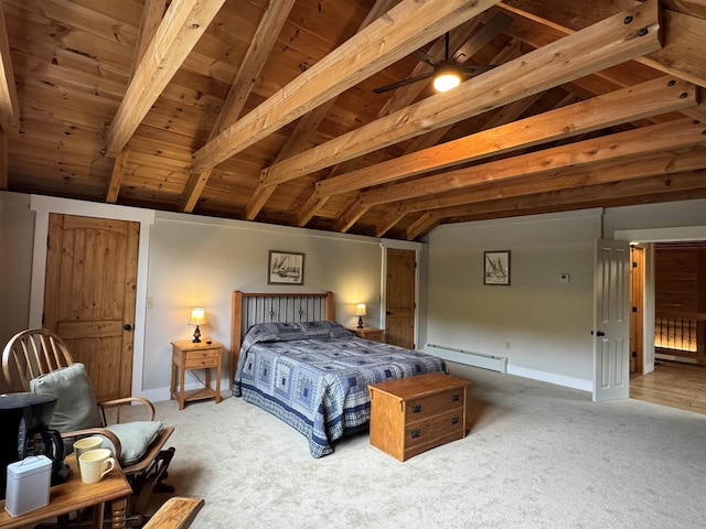 689 Hard Scrabble Rd, Sweden, ME 04008 - carpeted bedroom featuring baseboard heating, wood ceiling, and baseboards