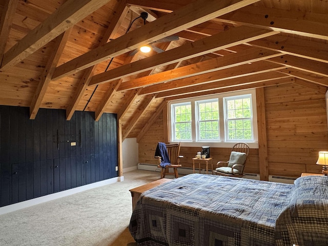 689 Hard Scrabble Rd, Sweden, ME 04008 - carpeted bedroom with wooden walls and a baseboard radiator