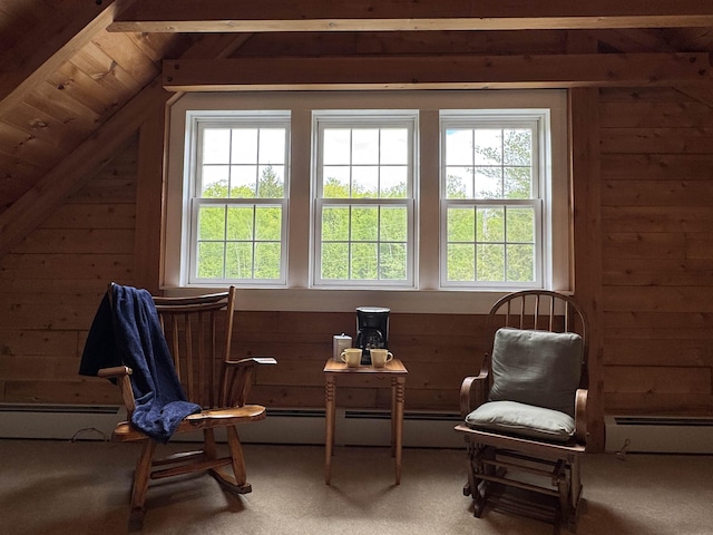 689 Hard Scrabble Rd, Sweden, ME 04008 - sitting room featuring baseboard heating, wood walls, healthy amount of natural light, and lofted ceiling