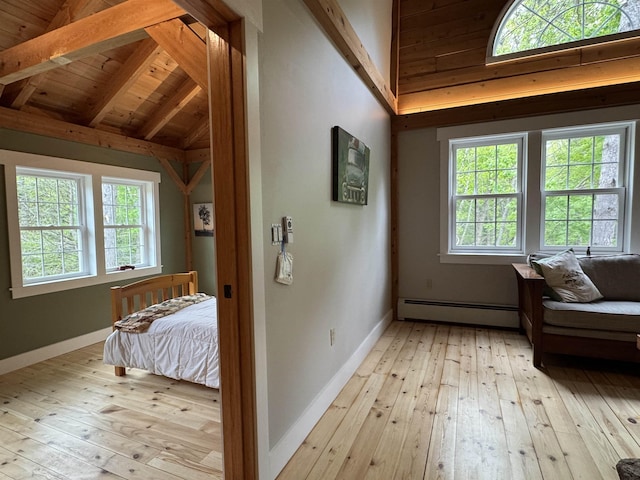 689 Hard Scrabble Rd, Sweden, ME 04008 - bedroom with baseboard heating, light wood-style flooring, wood ceiling, and baseboards