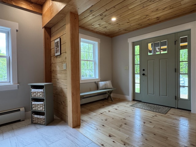 689 Hard Scrabble Rd, Sweden, ME 04008 - entryway featuring wooden ceiling, a baseboard heating unit, light wood-type flooring, and recessed lighting