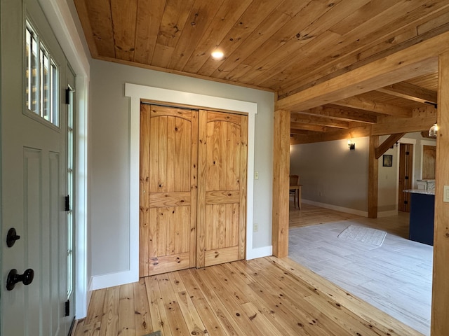 689 Hard Scrabble Rd, Sweden, ME 04008 - entryway featuring wooden ceiling, light wood finished floors, baseboards, and recessed lighting