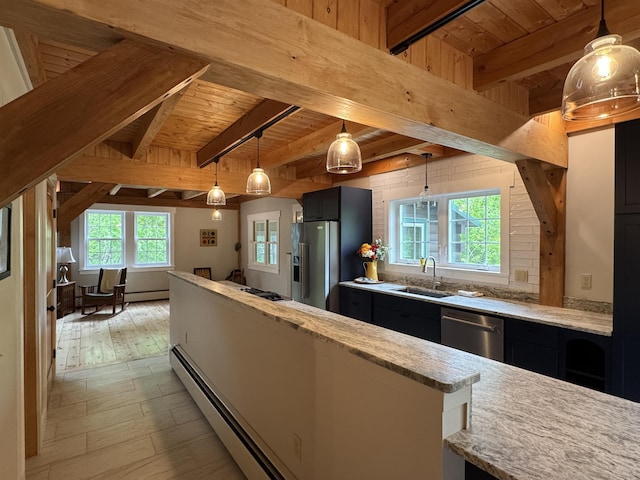 689 Hard Scrabble Rd, Sweden, ME 04008 - kitchen with stainless steel appliances, wood ceiling with exposed beams, a sink, light stone countertops, and dark cabinetry
