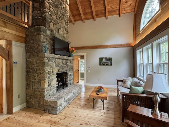 689 Hard Scrabble Rd, Sweden, ME 04008 - living area featuring wooden ceiling with exposed beams, a fireplace, hardwood / wood-style flooring, baseboards, and high vaulted ceiling
