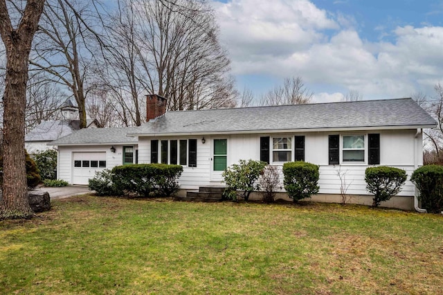 639 Silver St, Rollinsford, NH 03869 - ranch-style house featuring an attached garage, a chimney, driveway, and a front lawn